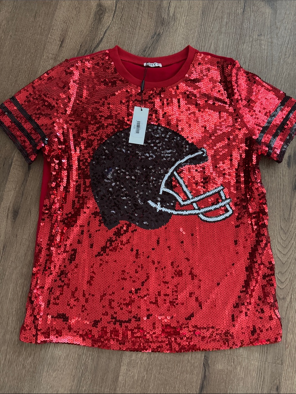NWT Why Dress Red Sequin Football Helmet Short Sleeve Tee